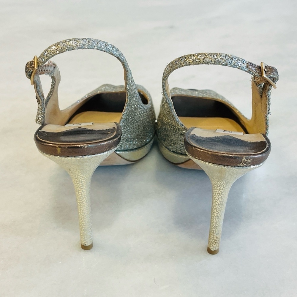 Jimmy Choo 38.5 8.5 Nova Champagne Glitter Gold Silver Peep Toe Sling Back Heels - Picture 5 of 12